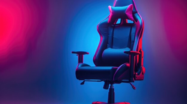 Foto silla de juego ergonómica en la escena de la habitación oscura de color rosa azul