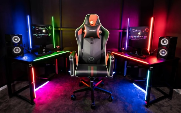 Foto silla de juego rgb con iluminación de neón sala de juegos rgb con pc