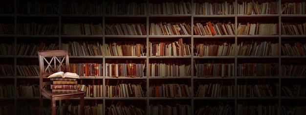 Una silla con libros en el fondo de estanterías, fondo de biblioteca