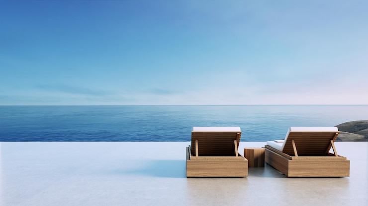 Silla de luxo en el balcón con vistas al mar renderización en 3D