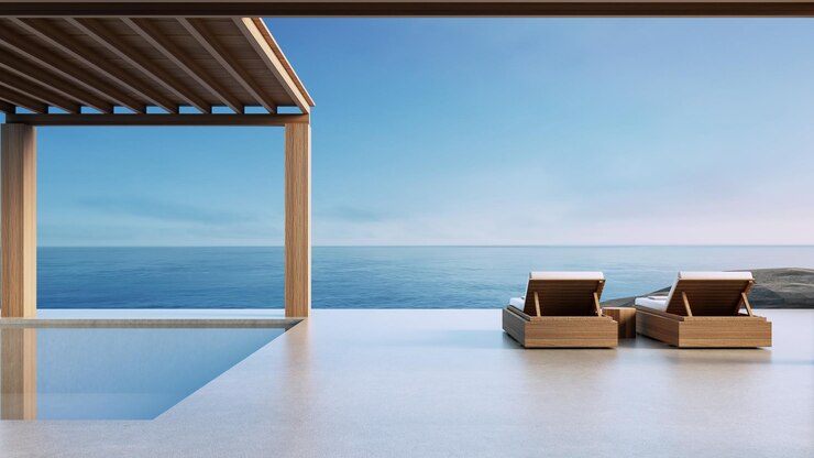 Silla de luxo en el balcón con vistas al mar renderización en 3D