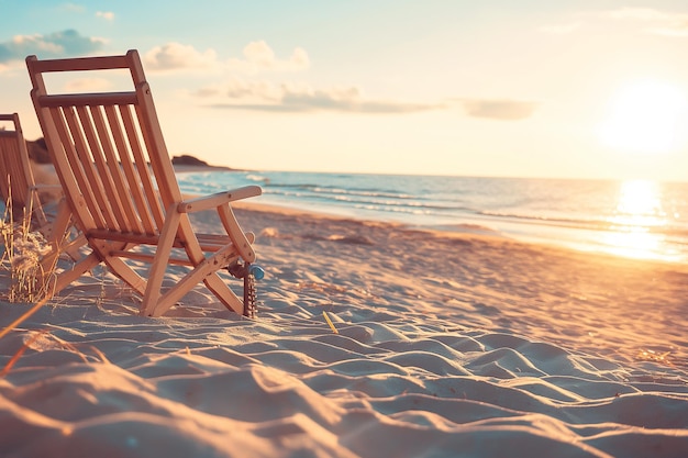 Foto una silla de madera está en la arena al atardecer disfrutando del verano