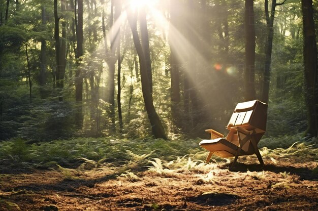 Silla de madera en el bosque con rayos de sol en el fondo