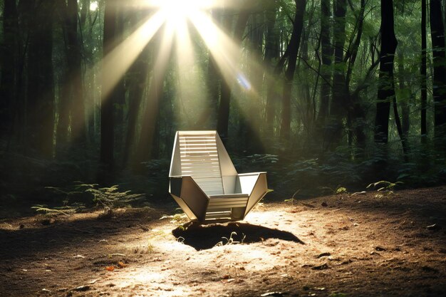 Silla de madera en medio del bosque con rayos de luz