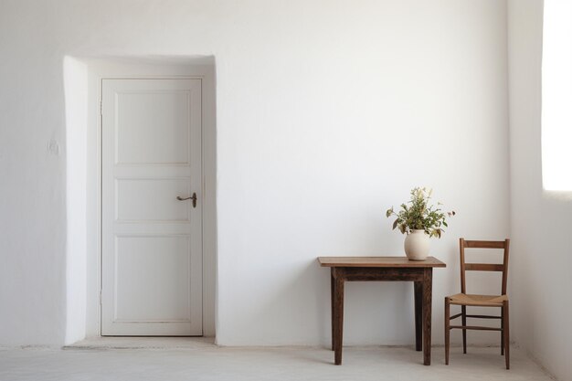 Una silla de madera y una mesa en una habitación blanca y pacífica disparada a través de una abertura de la puerta