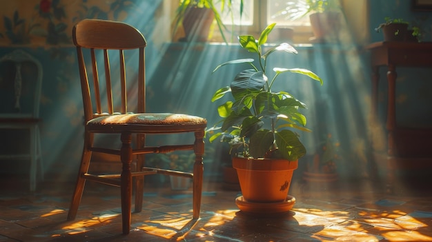 Silla de madera y planta en maceta