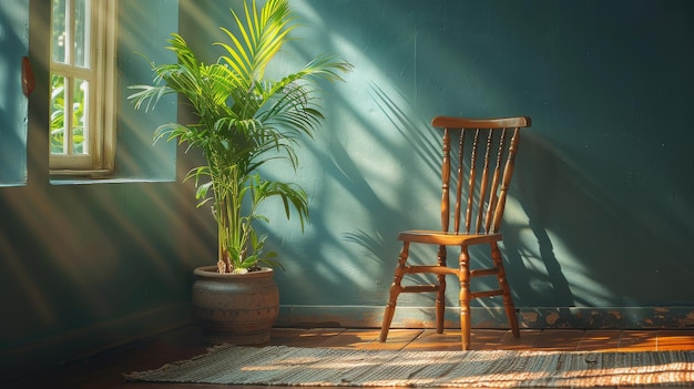 Silla de madera y planta en maceta