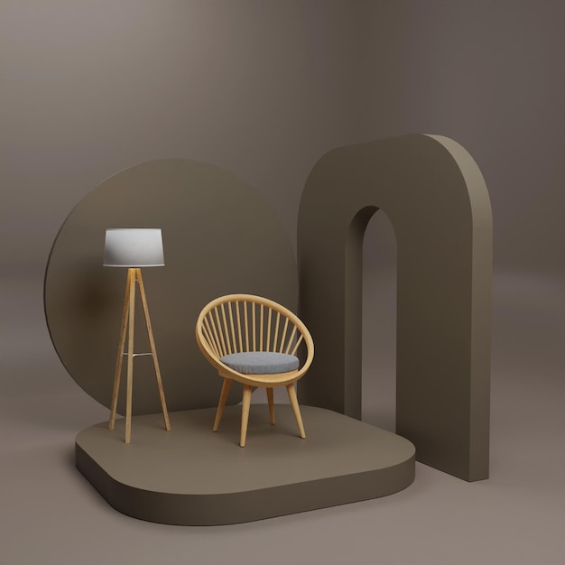 Silla de madera de representación 3D sobre fondo marrón