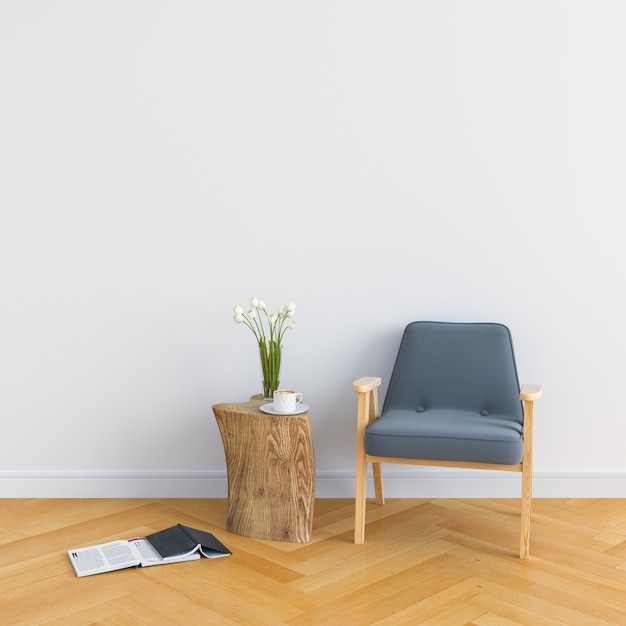 Silla de madera en sala blanca para maqueta.