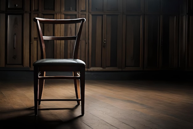 Una silla de madera se sienta en una habitación oscura con un fondo oscuro.