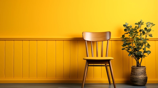 Una silla de madera sobre fondo amarillo