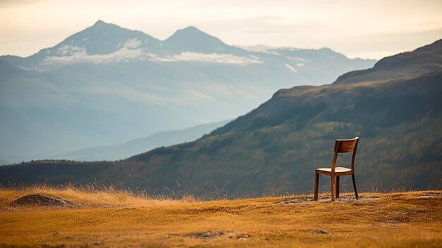 Una silla de madera solitaria en las montañas al atardecer hermoso fondo natural