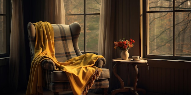 Una silla con una manta al lado de una ventana