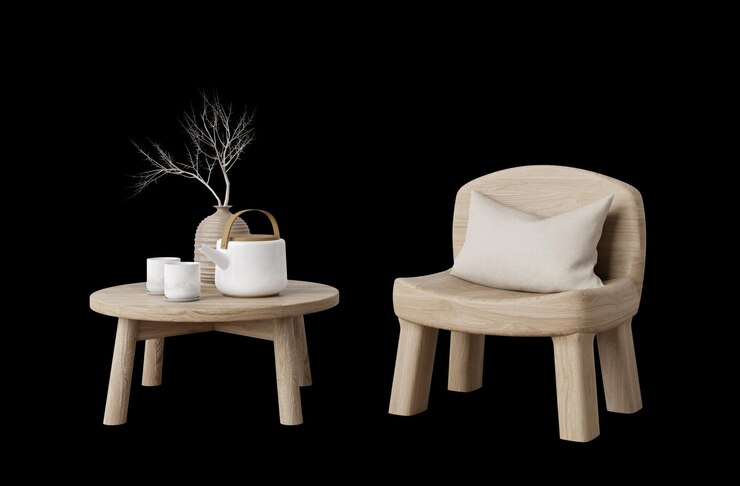 Silla y mesa de madera de estilo minimalista aislado 3D