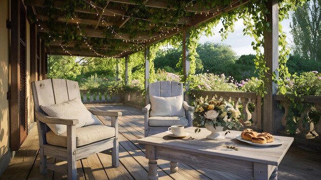 Silla y mesa de madera en la terraza al aire libre