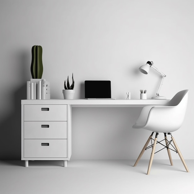 Silla de mesa de oficina blanca renderizada en 3D y ordenador portátil interior moderno