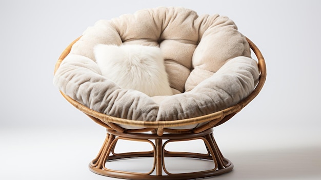 Una silla de mimbre adornada con una almohada blanca prístina que exuda una sensación de tranquilidad y comodidad