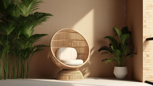 Silla de mimbre y una planta en salón con maceta