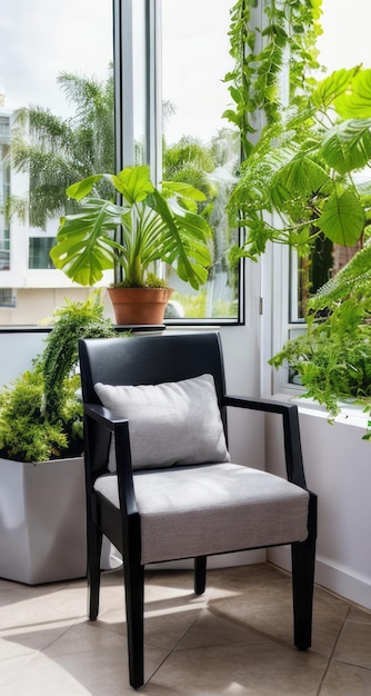 silla moderna cerca de la ventana con plantas diseño interior moderno para relajarse