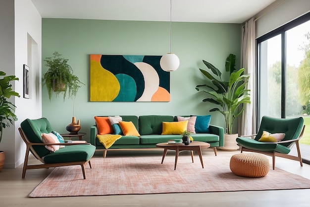 Foto silla moderna de mediados de siglo con una manta y un gran sofá con cojines de colores en un amplio interior de la sala de estar con plan verde