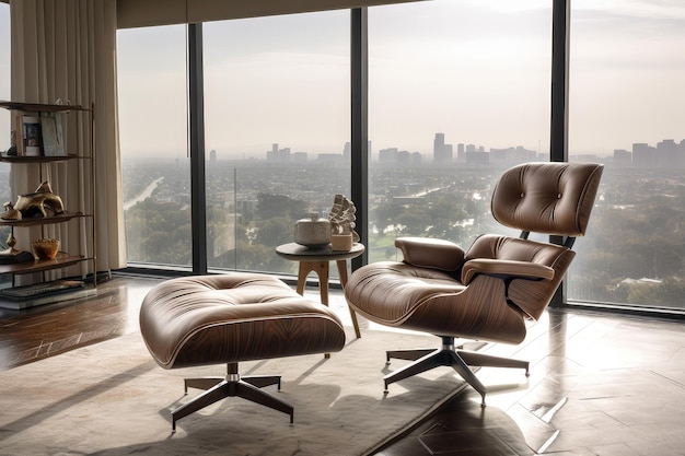 Silla moderna de mediados de siglo y otomana en la sala de estar con vista al horizonte de la ciudad