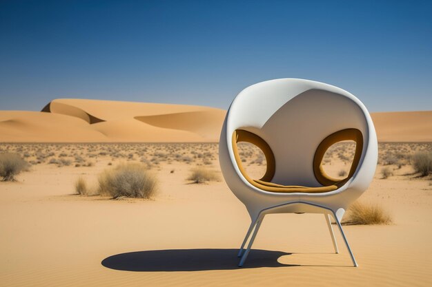 Una silla moderna sola en el cálido desierto El concepto de muebles modernos para todas las condiciones