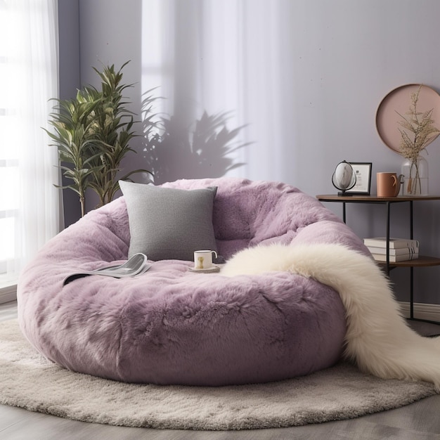Una silla morada con una almohada blanca descansa sobre una alfombra redonda en una sala de estar.