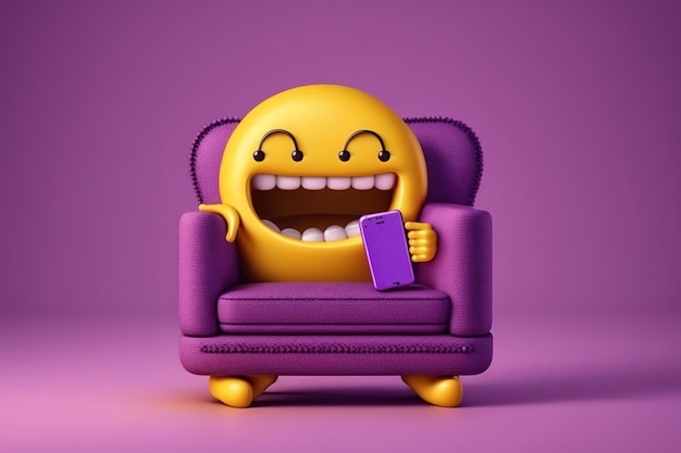 Una silla morada con una cara sonriente y un teléfono en la mano.