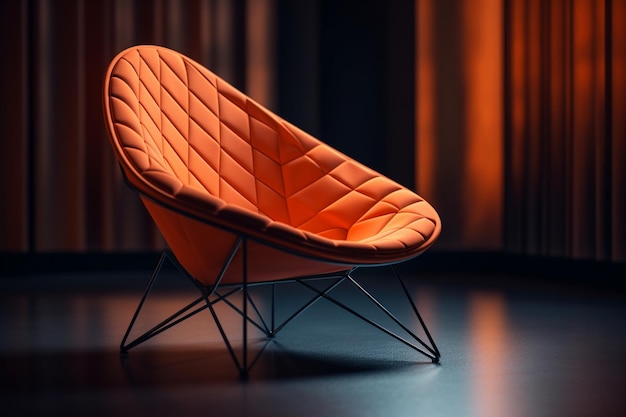 Una silla naranja brillante frente a una cortina que dice "la silla es una versión moderna"