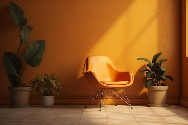 Silla naranja en una habitación luminosa con plantas.