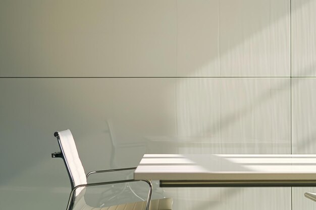 Foto silla de oficina blanca posicionada frente a una mesa de madera configuración de espacio de trabajo minimalista y funcional