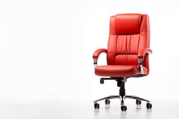 una silla de oficina de cuero rojo con ruedas aisladas en un fondo blanco