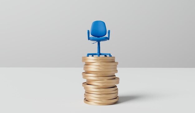 Silla de oficina en una pila de monedas promoción profesional salarios y concepto de salario d renderización