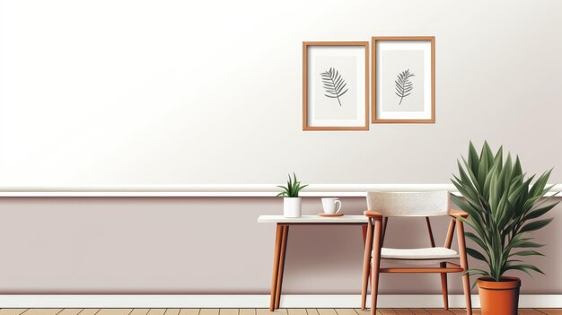 Silla de pared, mesa, planta en maceta, marco de fotos blanco, vector