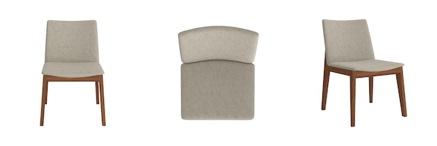 Silla en la parte delantera y ángulos superiores Conjunto de sillón aislado sobre fondo blanco 3D Render
