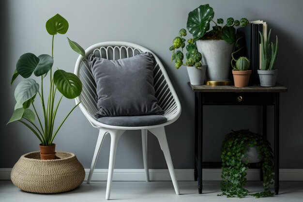 Silla con plantas de interior en una decoración gris de habitaciones antiguas