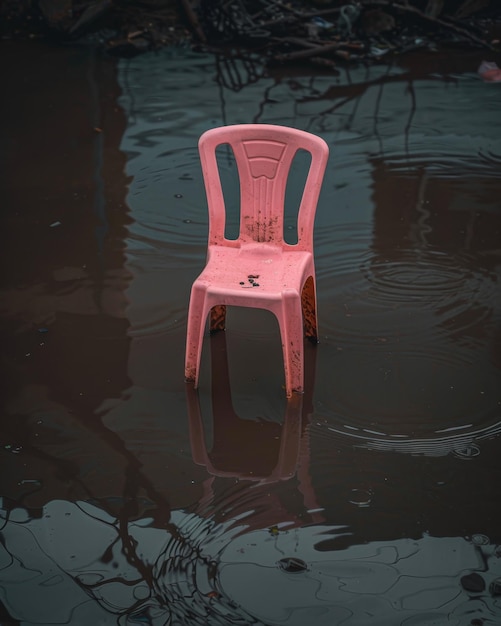 una silla de plástico rosa de pie en el agua en la carretera