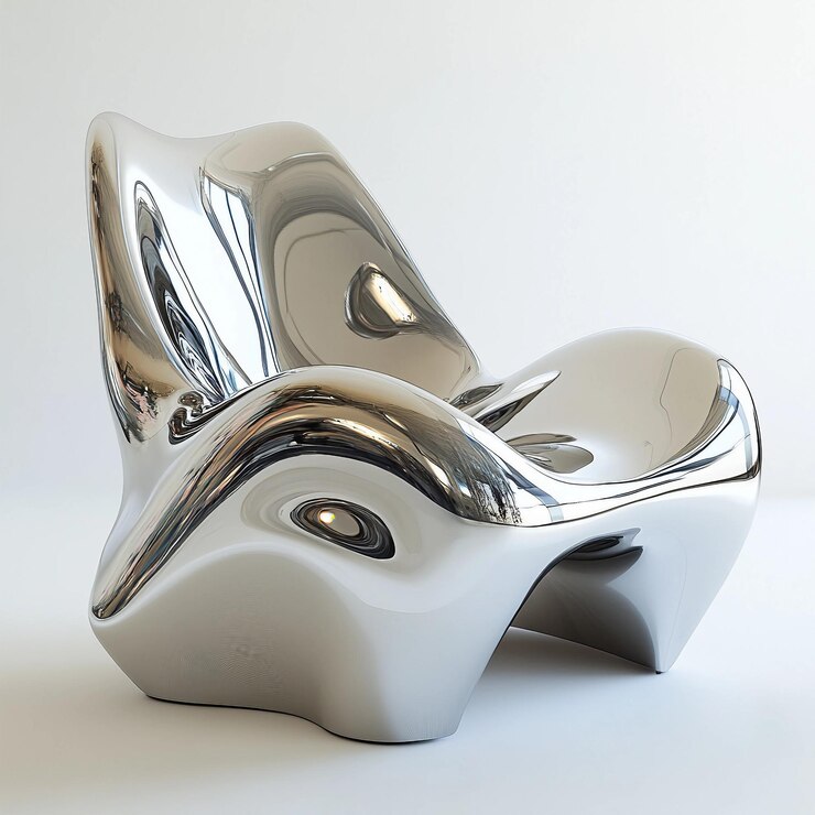 Una silla de plata con una espalda curva y un marco de plata