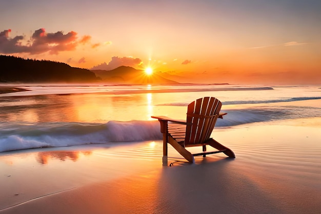 Una silla en la playa al atardecer.