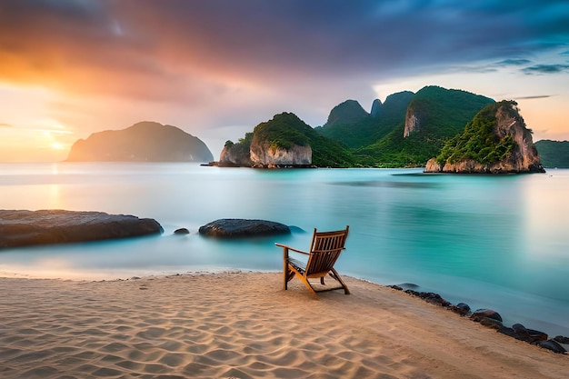 Una silla en la playa al atardecer.