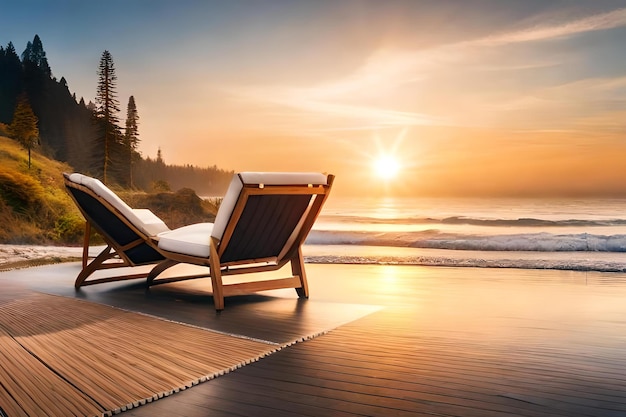 Una silla de playa con un atardecer de fondo