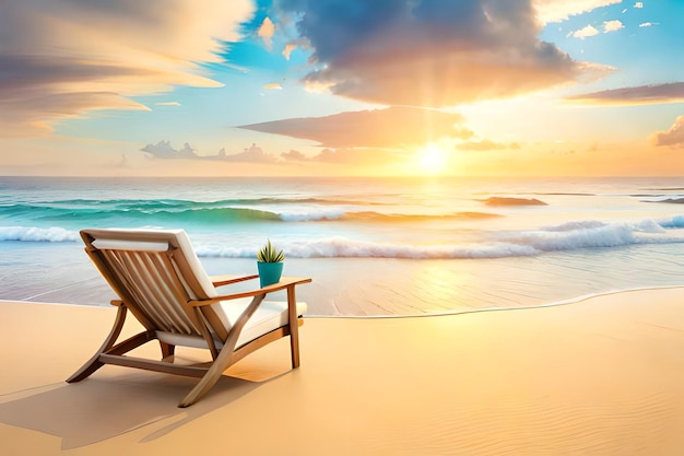 Una silla de playa con una copa azul y el sol brilla en el horizonte.