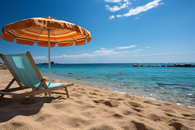 Silla de playa desierta bajo una sombrilla