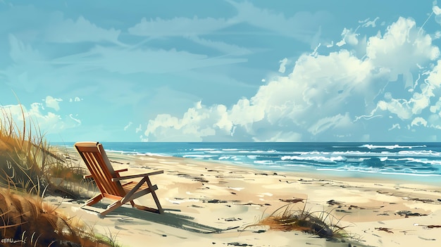 Foto una silla de playa de madera vacía se sienta en la orilla arenosa de una playa el océano está en el fondo con nubes blancas en el cielo