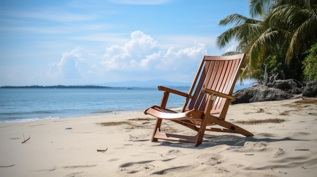 Una silla en una playa con una palmera al fondo.