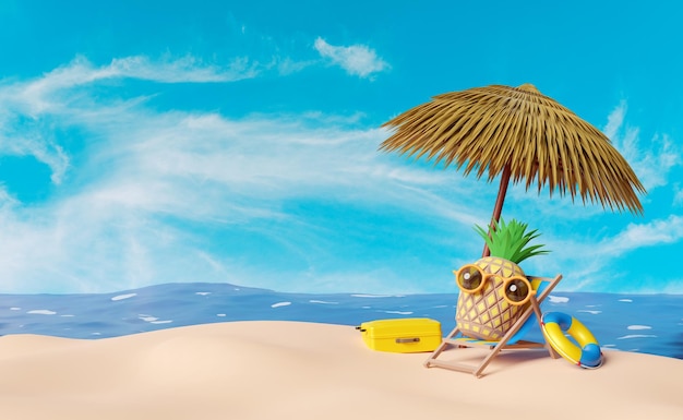 silla de playa con paraguas árbol de palma vida buoyseasid piña gafas de sol maletín aislado en fondo cielo azul concepto de viaje de verano ilustración 3d o render 3d
