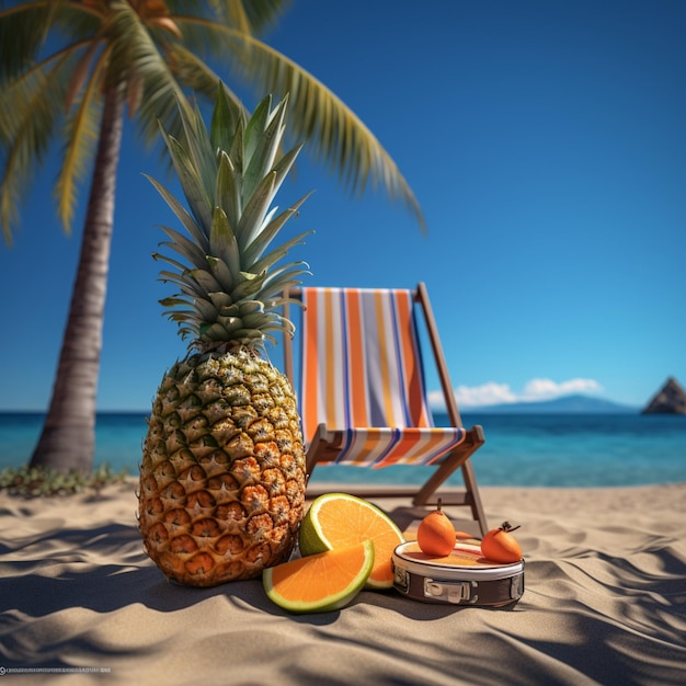 Silla de playa con paraguas árbol de palma vida buoyseasid piña gafas de sol maletín de viaje de verano co