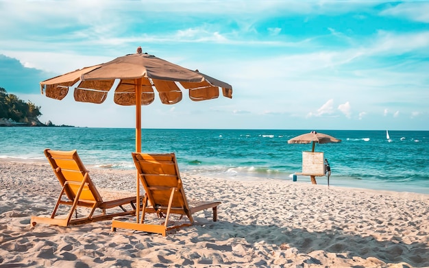 Silla de playa con paraguas en la playa Concepto de vacaciones