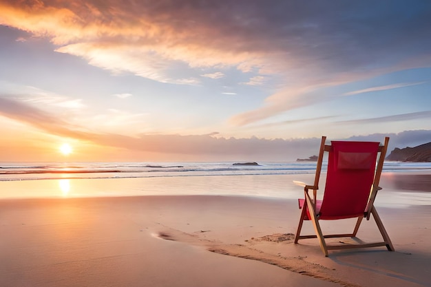 Una silla de playa en una playa al atardecer.