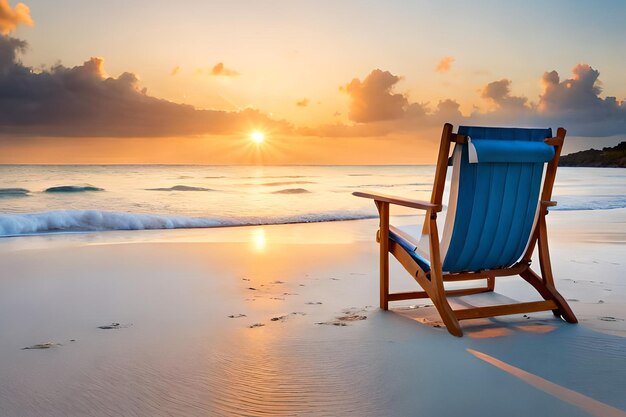Una silla de playa en una playa con la puesta de sol detrás de ella